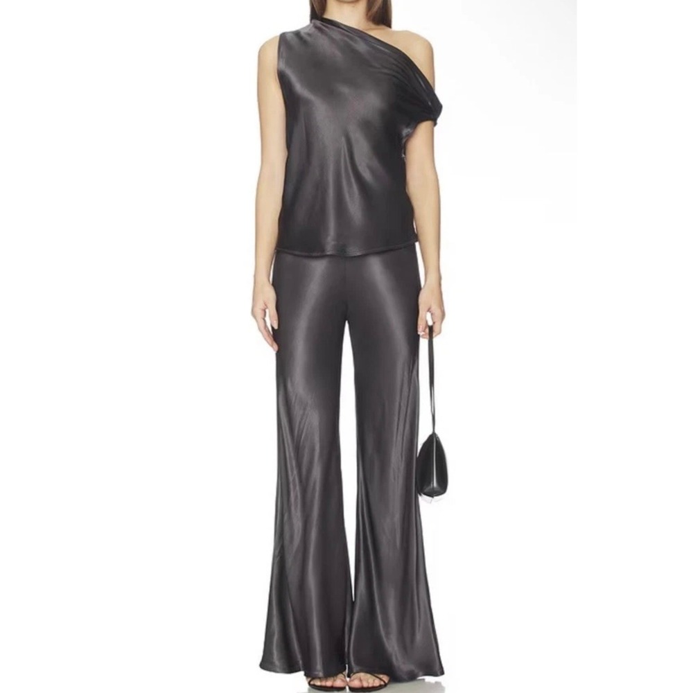ENZA COSTA Satin Bias Pants Womens Small Gray Wideleg Flare Flat Front Pull on